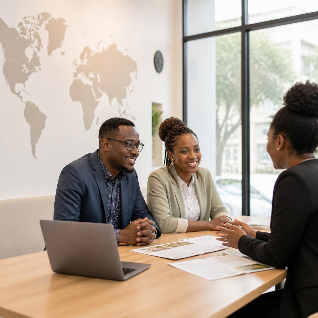 Kenyan professionals meeting a recruitment adviser in a bright Nairobi career centre